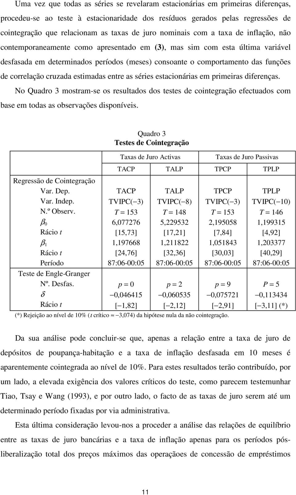 cruzada esimadas enre as séries esacionárias em primeiras diferenças. No Quadro 3 mosram-se os resulados dos eses de coinegração efecuados com base em odas as observações disponíveis.