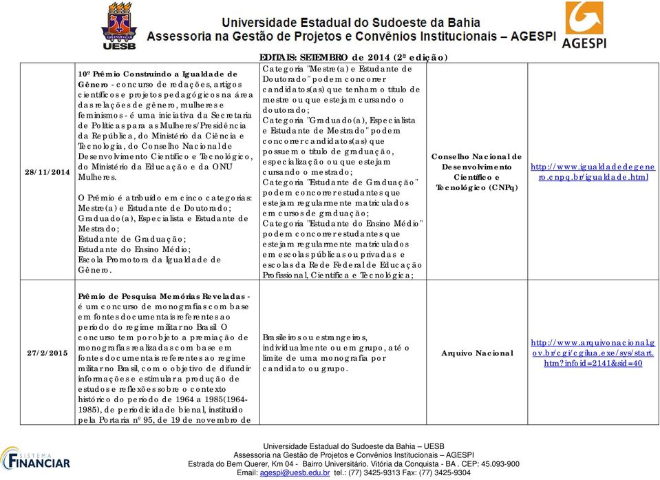 O Prêmio é atribuído em cinco categorias: Mestre(a) e Estudante de Doutorado; Graduado(a), Especialista e Estudante de Mestrado; Estudante de Graduação; Estudante do Ensino Médio; Escola Promotora da