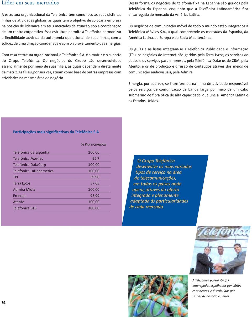 Essa estrutura permite à Telefônica harmonizar a flexibilidade advinda da autonomia operacional de suas linhas, com a solidez de uma direção coordenada e com o aproveitamento das sinergias.