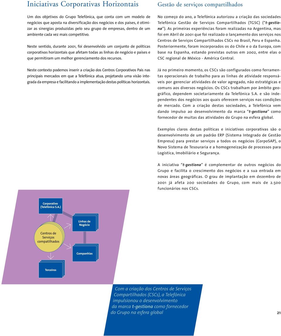 Neste sentido, durante 2001, foi desenvolvido um conjunto de políticas corporativas horizontais que afetam todas as linhas de negócio e países e que permitiram um melhor gerenciamento dos recursos.