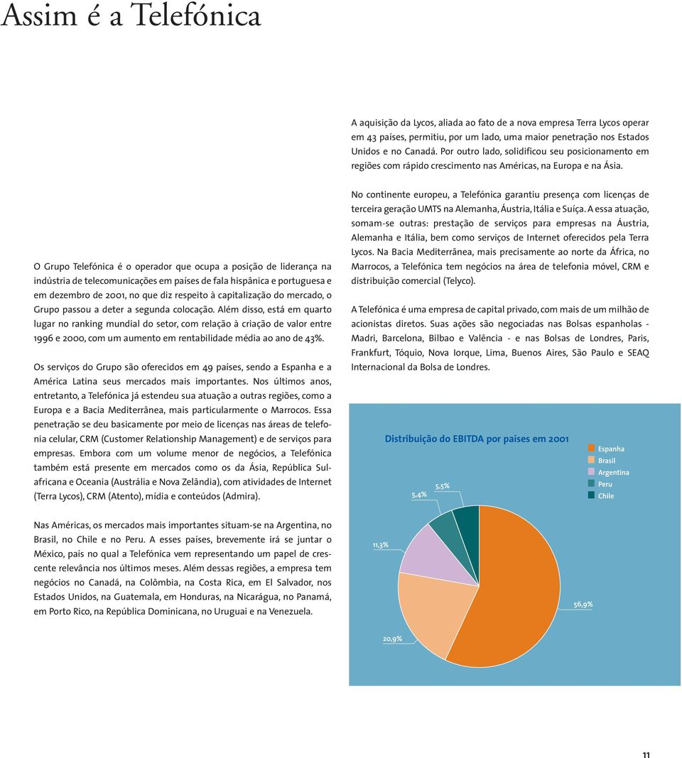 O Grupo Telefónica é o operador que ocupa a posição de liderança na indústria de telecomunicações em países de fala hispânica e portuguesa e em dezembro de 2001, no que diz respeito à capitalização