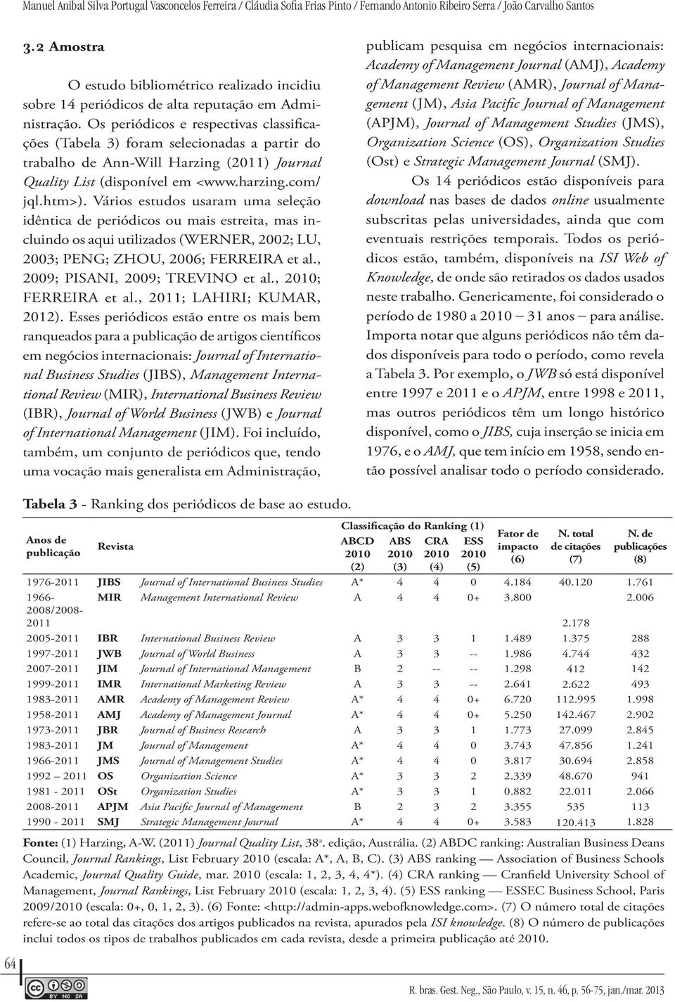 Os periódicos e respectivas classificações (Tabela 3) foram selecionadas a partir do trabalho de Ann-Will Harzing (2011) Journal Quality List (disponível em <www.harzing.com/ jql.htm>).