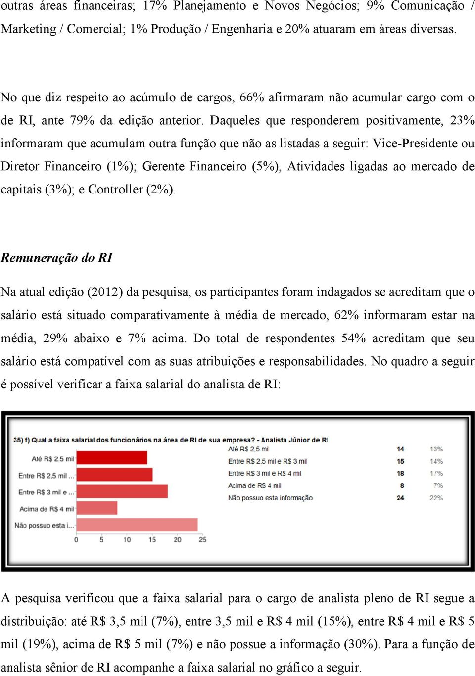 Daqueles que responderem positivamente, 23% informaram que acumulam outra função que não as listadas a seguir: Vice-Presidente ou Diretor Financeiro (1%); Gerente Financeiro (5%), Atividades ligadas