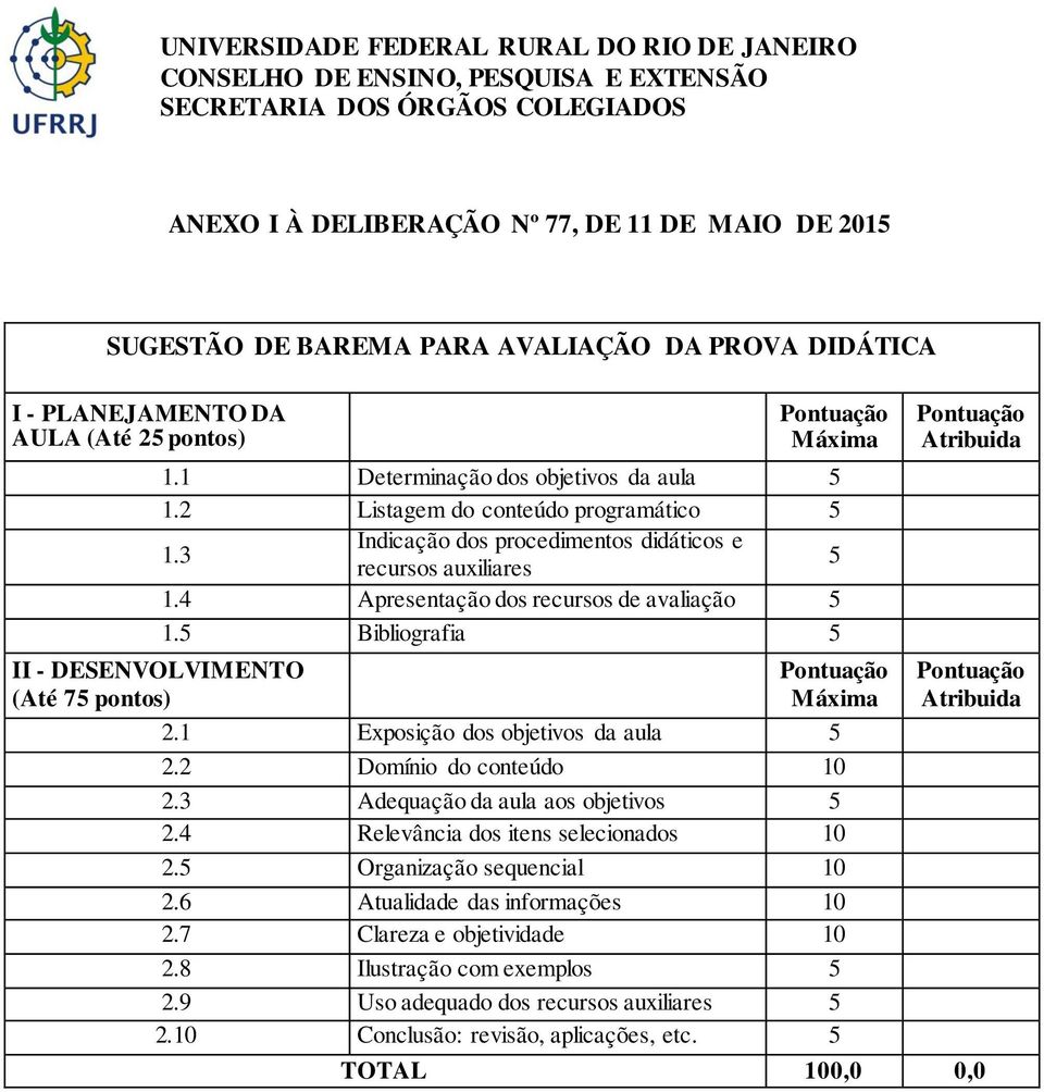 5 Bibliografia 5 II - DESENVOLVIMENTO (Até 75 pontos) Máxima 2.1 Exposição dos objetivos da aula 5 2.2 Domínio do conteúdo 10 2.3 Adequação da aula aos objetivos 5 2.