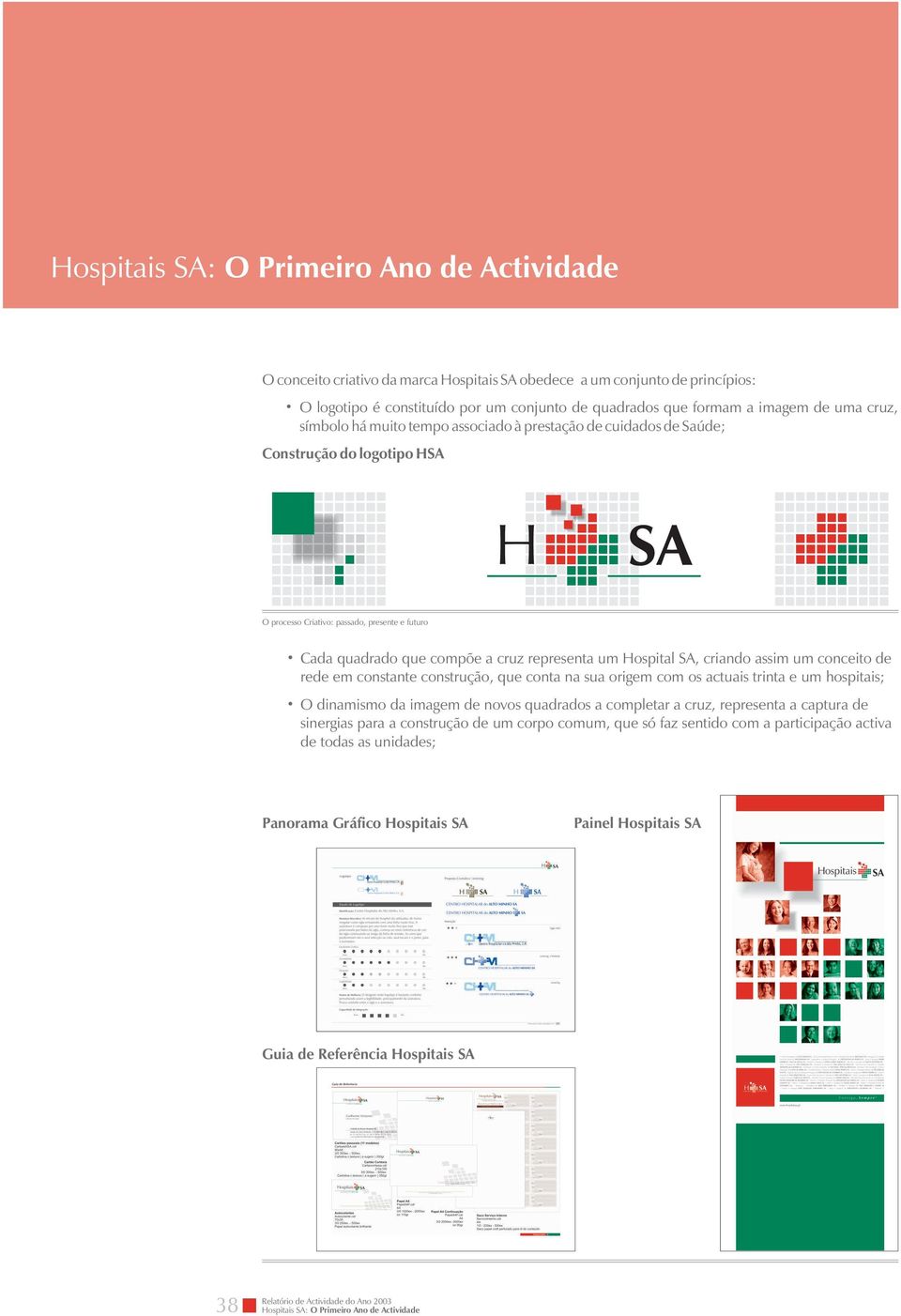 um Hospital SA, criando assim um conceito de rede em constante construção, que conta na sua origem com os actuais trinta e um hospitais; O dinamismo da imagem de novos quadrados a completar a cruz,