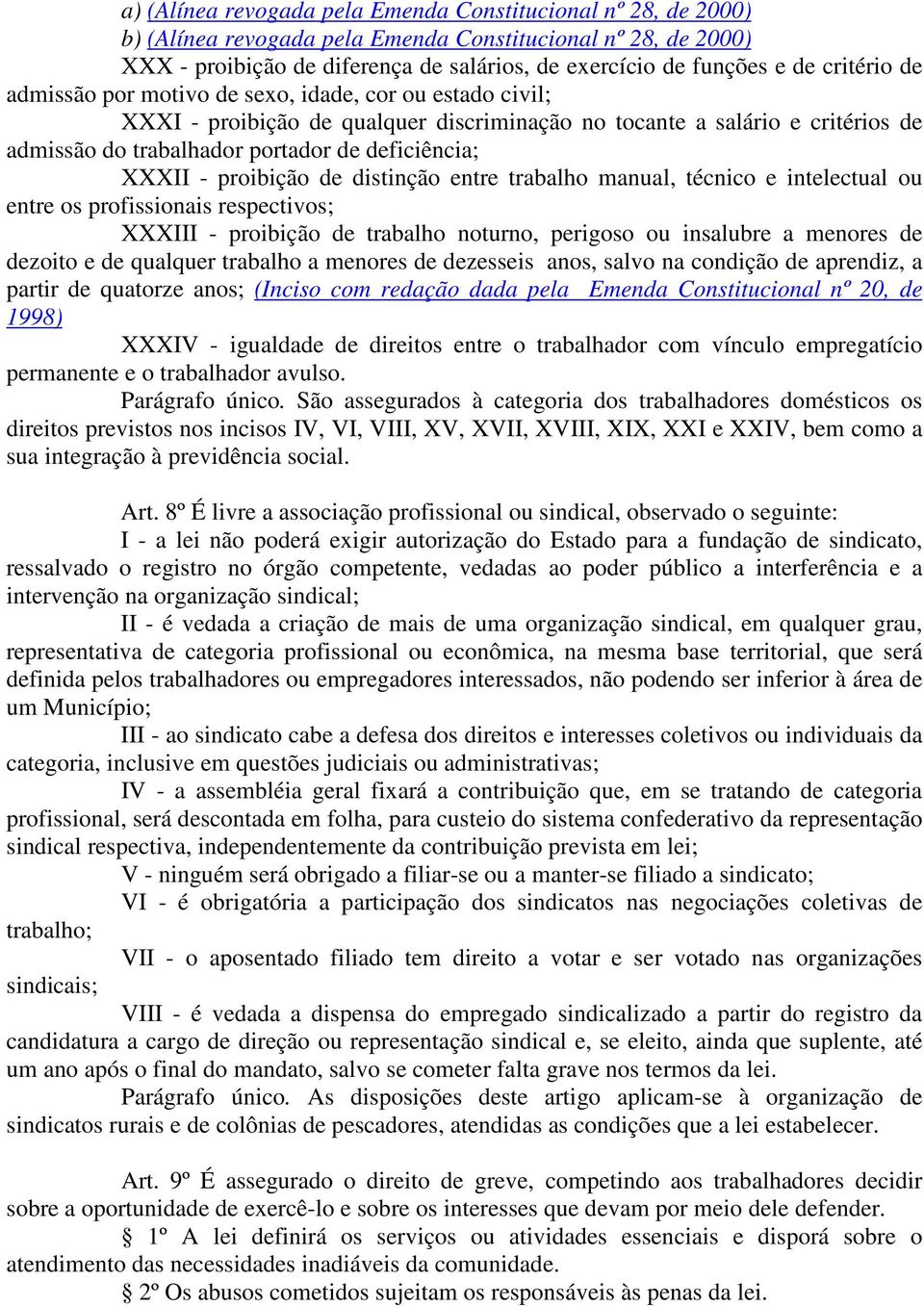 XXXII - proibição de distinção entre trabalho manual, técnico e intelectual ou entre os profissionais respectivos; XXXIII - proibição de trabalho noturno, perigoso ou insalubre a menores de dezoito e