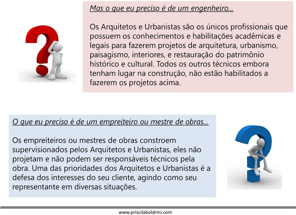 interiores, e restauração do patrimônio histórico e cultural. Todos os outros técnicos embora tenham lugar na construção, não estão habilitados a fazerem os projetos acima.