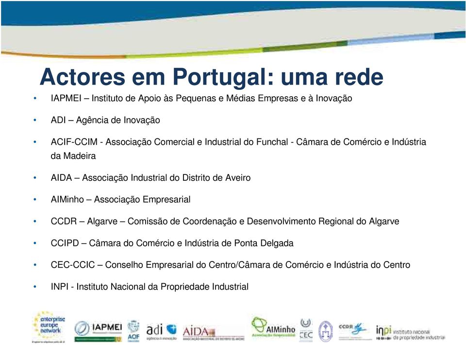 AIMinho Associação Empresarial CCDR Algarve Comissão de Coordenação e Desenvolvimento Regional do Algarve CCIPD Câmara do Comércio e