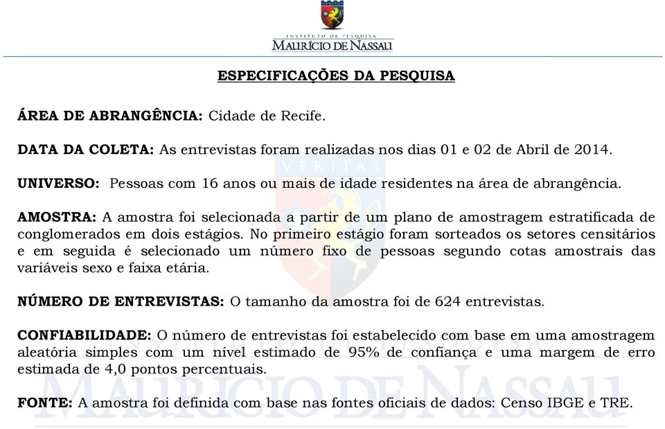 No primeiro estágio foram sorteados os setores censitários e em seguida é selecionado um número fixo de pessoas segundo cotas amostrais das variáveis sexo e faixa etária.