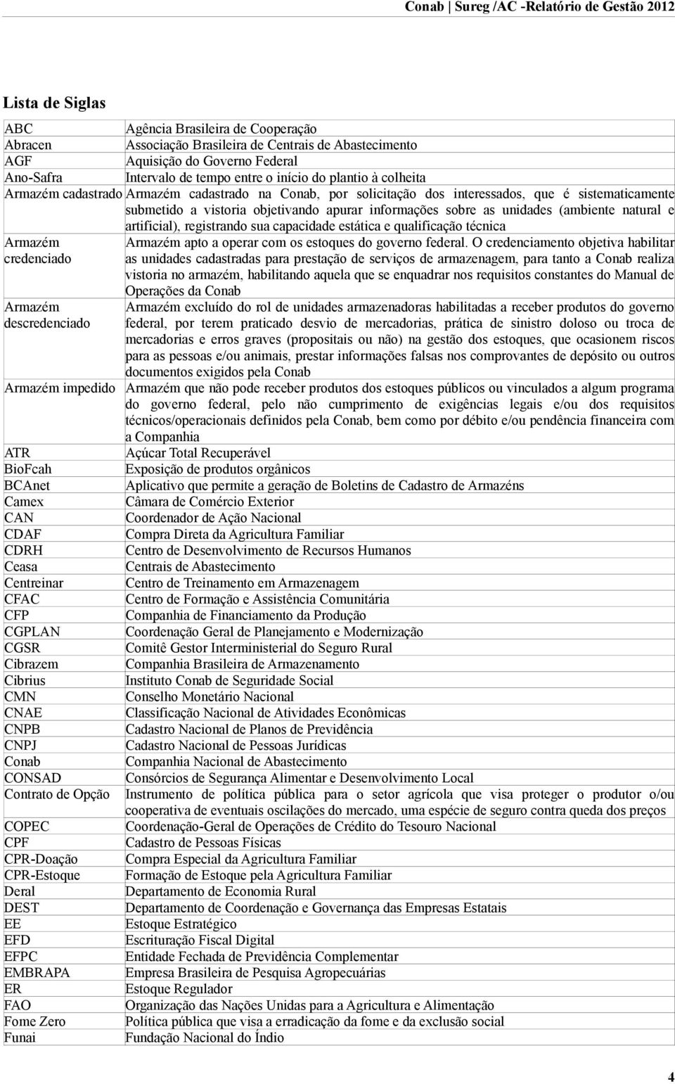 natural e artificial), registrando sua capacidade estática e qualificação técnica Armazém Armazém apto a operar com os estoques do governo federal.