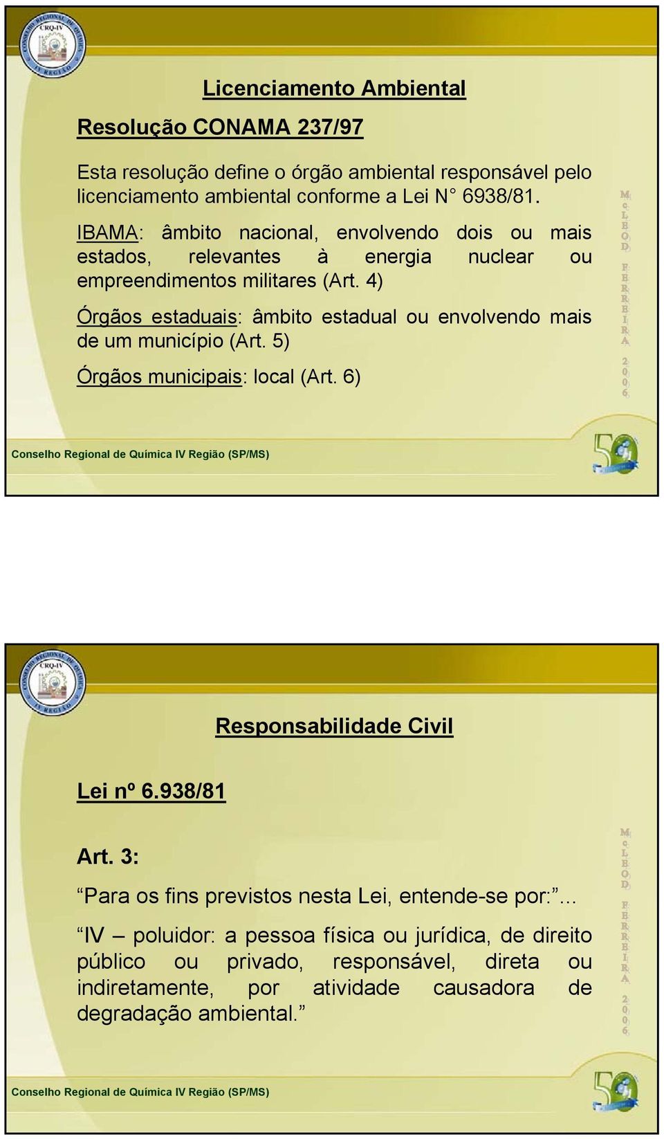 4) Órgãos estaduais: âmbito estadual ou envolvendo mais de um município (Art. 5) Órgãos municipais: local (Art. 6) Responsabilidade Civil Lei nº 6.938/81 Art.