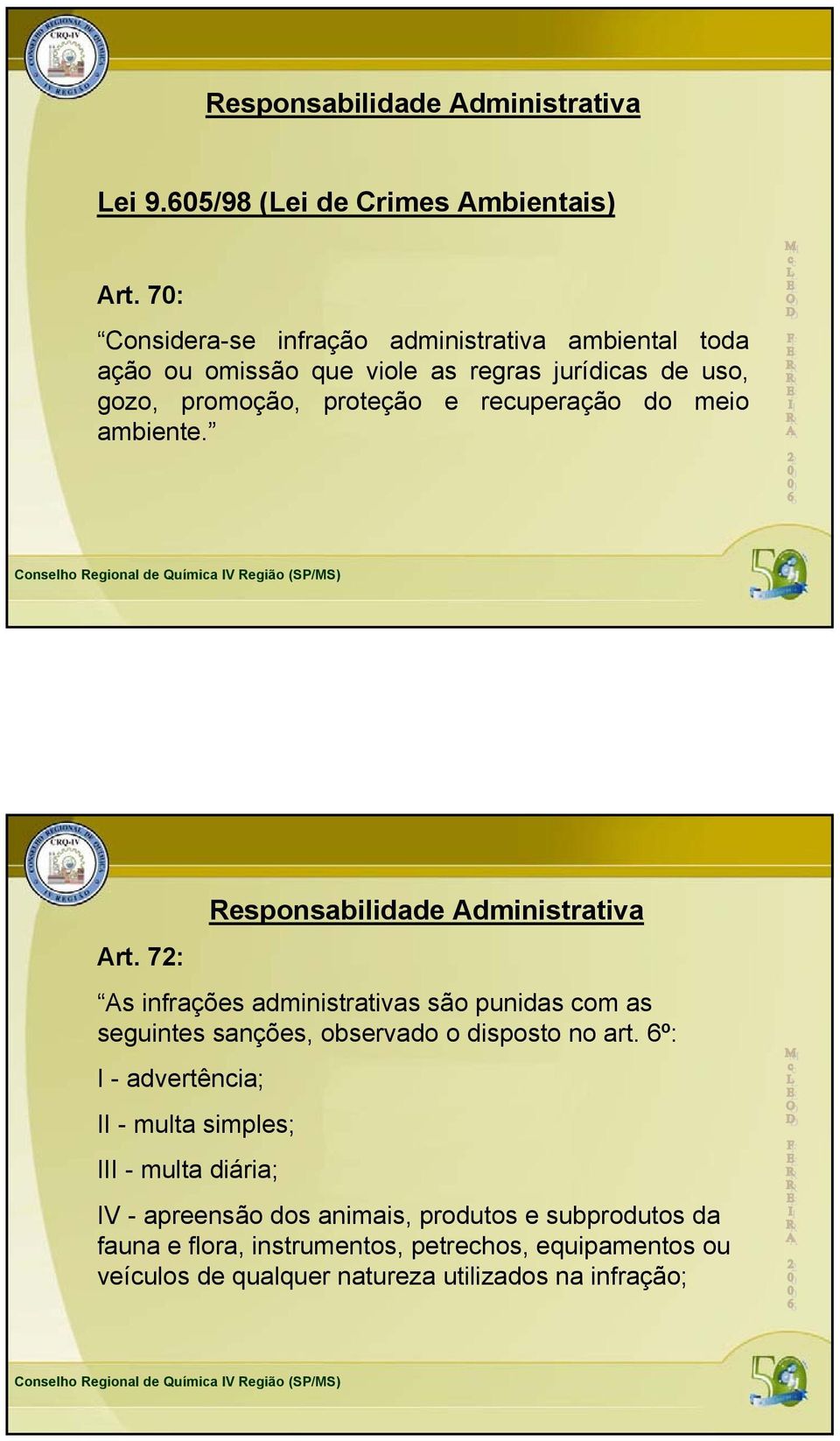 meio ambiente. Art. 72: Responsabilidade Administrativa As infrações administrativas são punidas com as seguintes sanções, observado o disposto no art.