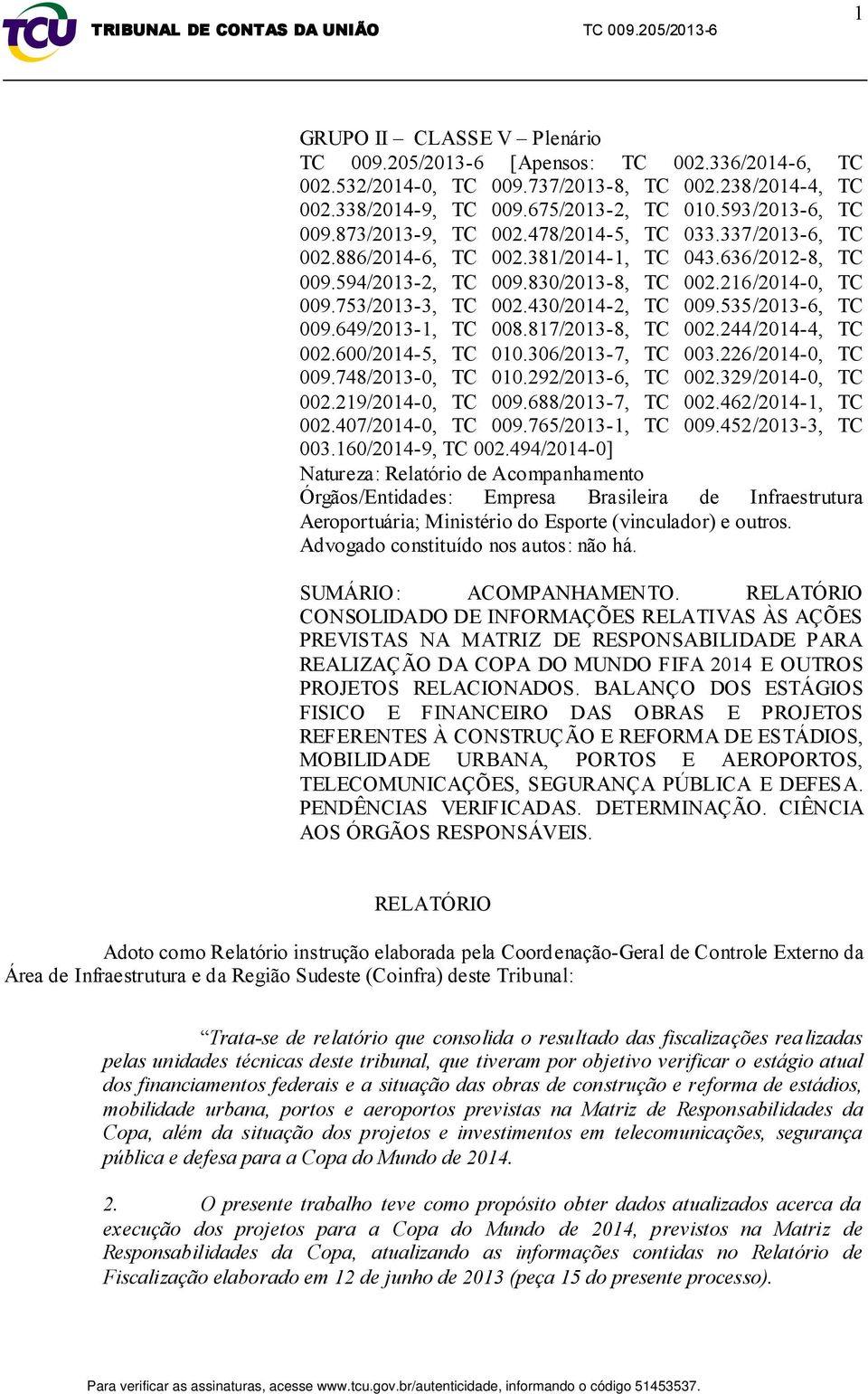 430/2014-2, TC 009.535/2013-6, TC 009.649/2013-1, TC 008.817/2013-8, TC 002.244/2014-4, TC 002.600/2014-5, TC 010.306/2013-7, TC 003.226/2014-0, TC 009.748/2013-0, TC 010.292/2013-6, TC 002.