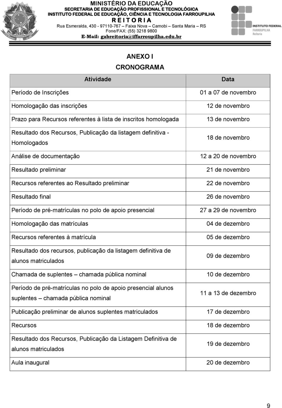 matrículas Recursos referentes à matrícula Resultado dos recursos, publicação da listagem definitiva de alunos matriculados Chamada de suplentes chamada pública nominal Período de pré-matrículas no