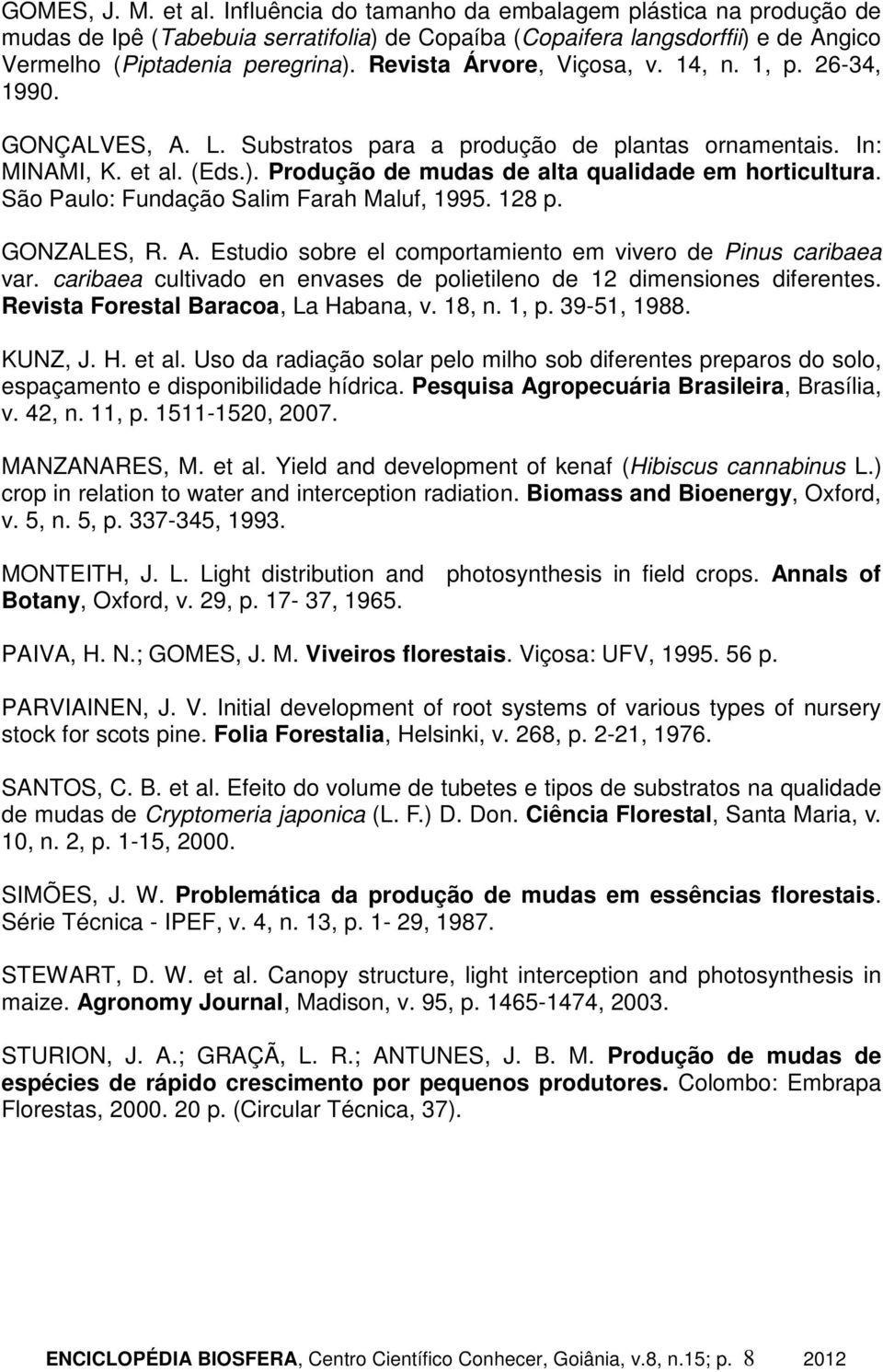 Produção de mudas de alta qualidade em horticultura. São Paulo: Fundação Salim Farah Maluf, 1995. 128 p. GONZALES, R. A. Estudio sobre el comportamiento em vivero de Pinus caribaea var.