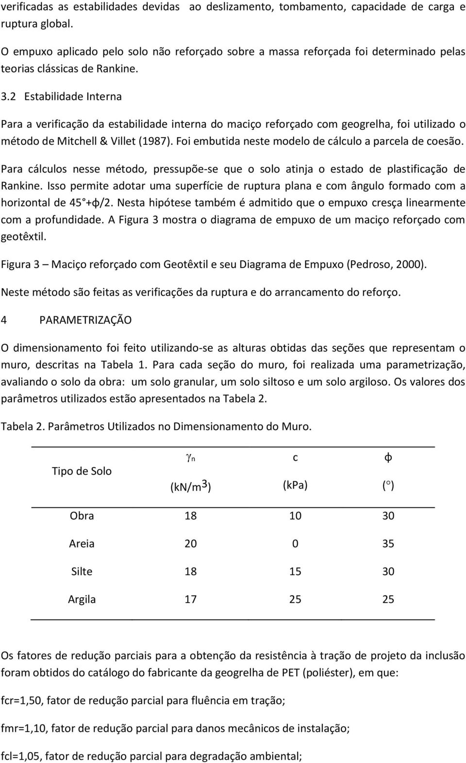 2 Estabilidade Interna Para a verificação da estabilidade interna do maciço reforçado com geogrelha, foi utilizado o método de Mitchell & Villet (1987).