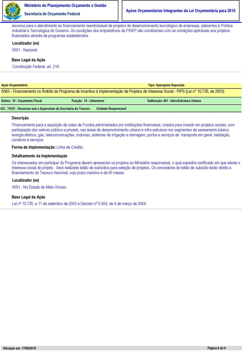 0A83 - Financiamento no Âmbito do Programa de Incentivo à Implementação de Projetos de Interesse Social - PIPS (Lei n 10.