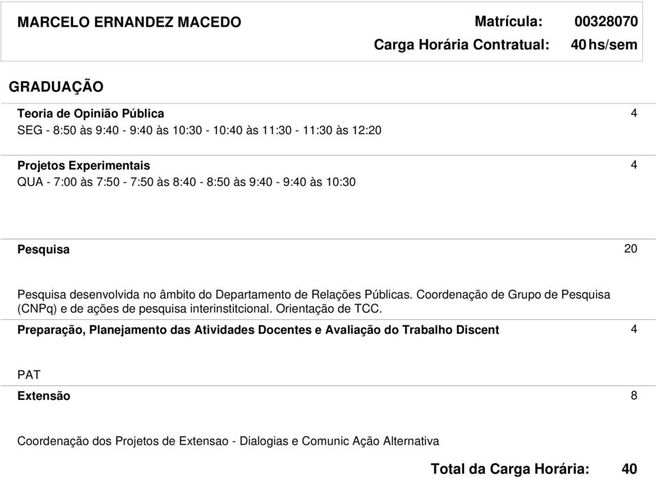 Públicas. Coordenação de Grupo de Pesquisa (CNPq) e de ações de pesquisa interinstitcional. Orientação de TCC.