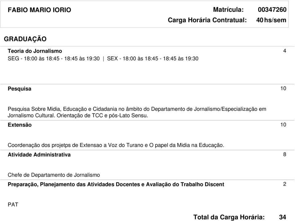 Orientação de TCC e pós-lato Sensu. Extensão 10 Coordenação dos projetps de Extensao a Voz do Turano e O papel da Midia na Educação.