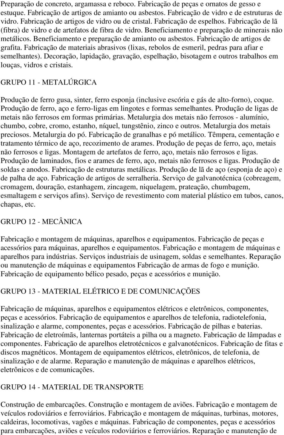 Beneficiamento e preparação de amianto ou asbestos. Fabricação de artigos de grafita. Fabricação de materiais abrasivos (lixas, rebolos de esmeril, pedras para afiar e semelhantes).