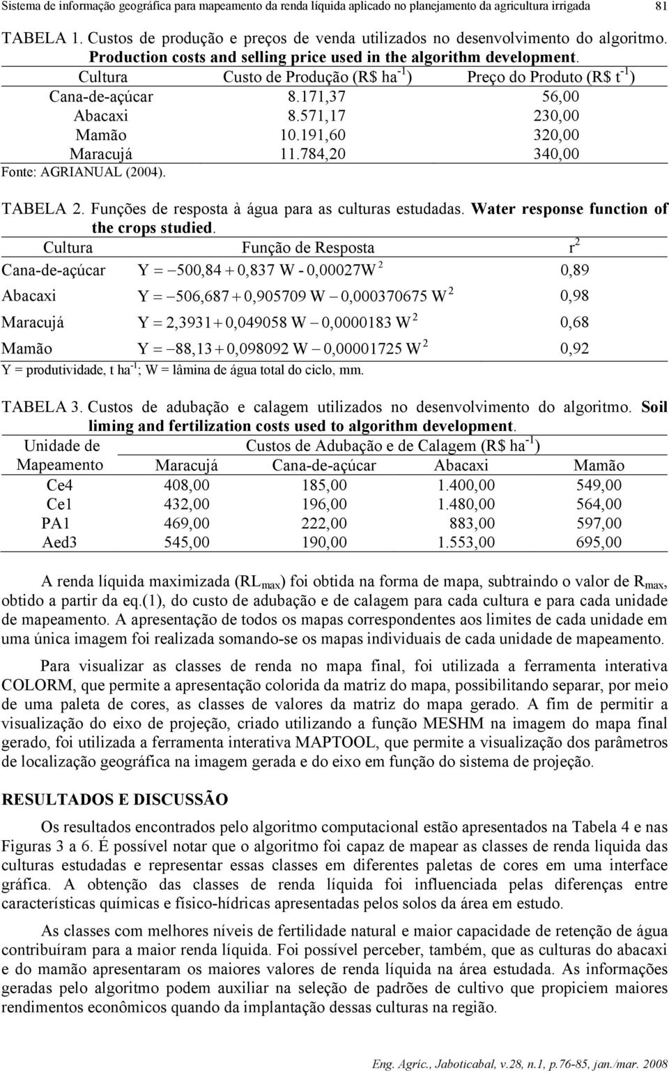 Cultura Custo de Produção (R$ ha -1 ) Preço do Produto (R$ t -1 ) Cana-de-açúcar 8.171,37 56,00 Abacaxi 8.571,17 230,00 Mamão 10.191,60 320,00 Maracujá 11.784,20 340,00 Fonte: AGRIANUAL (2004).