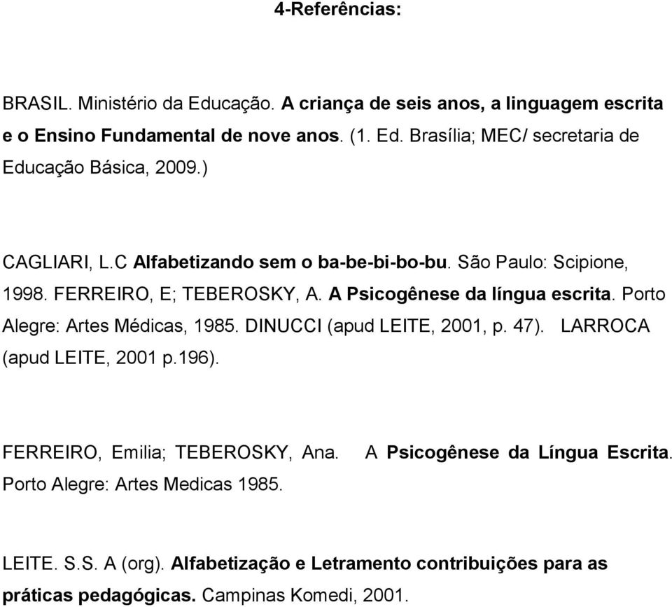 Porto Alegre: Artes Médicas, 1985. DINUCCI (apud LEITE, 2001, p. 47). LARROCA (apud LEITE, 2001 p.196). FERREIRO, Emilia; TEBEROSKY, Ana.