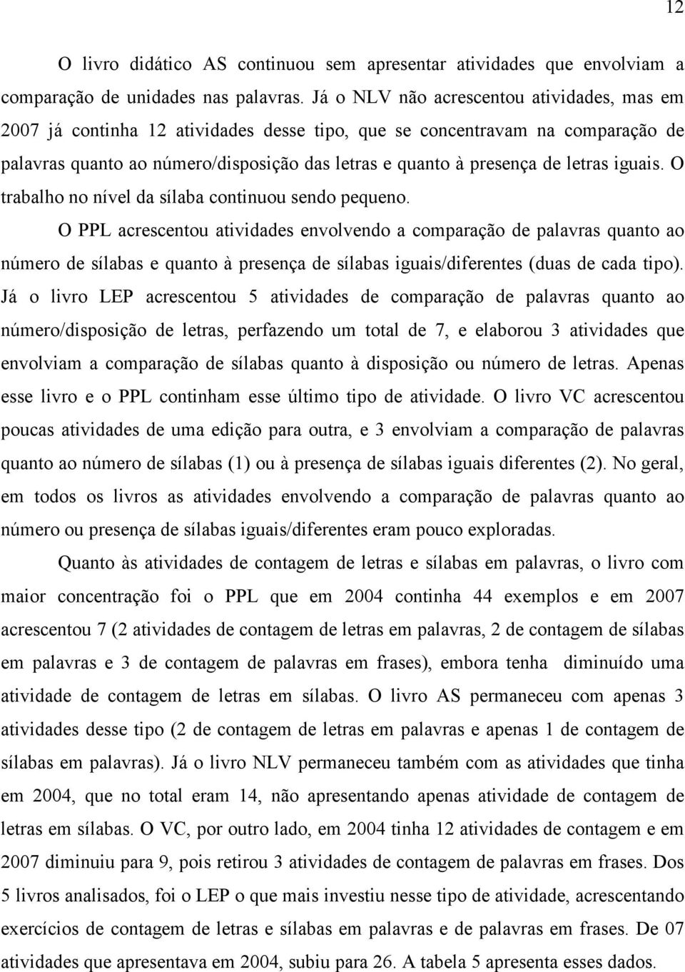 letras iguais. O trabalho no nível da sílaba continuou sendo pequeno.