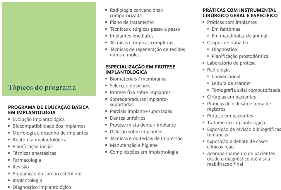 cirúrgicas passo a passo Implantes imediatos Técnicas cirúrgicas complexas Técnicas de regeneração de tecidos duros e moles ESPECIALIZAÇÃO EM PROTESE IMPLANTOLOGICA Biomateriais / membranas Selecção