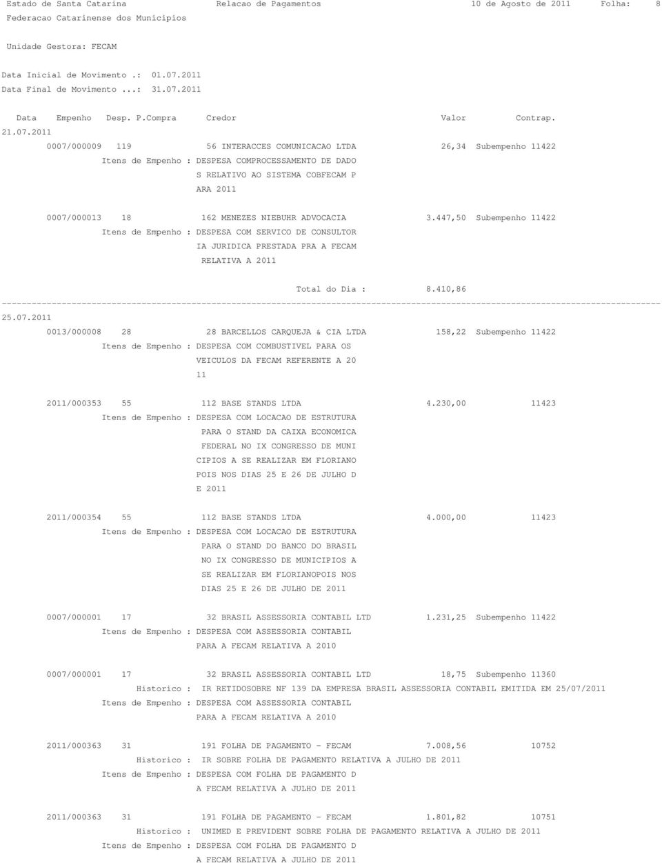 NIEBUHR ADVOCACIA 3.447,50 Subempenho 11422 Itens de Empenho : DESPESA COM SERVICO DE CONSULTOR IA JURIDICA PRESTADA PRA A FECAM RELATIVA A 2011 Total do Dia : 8.410,86 25.07.