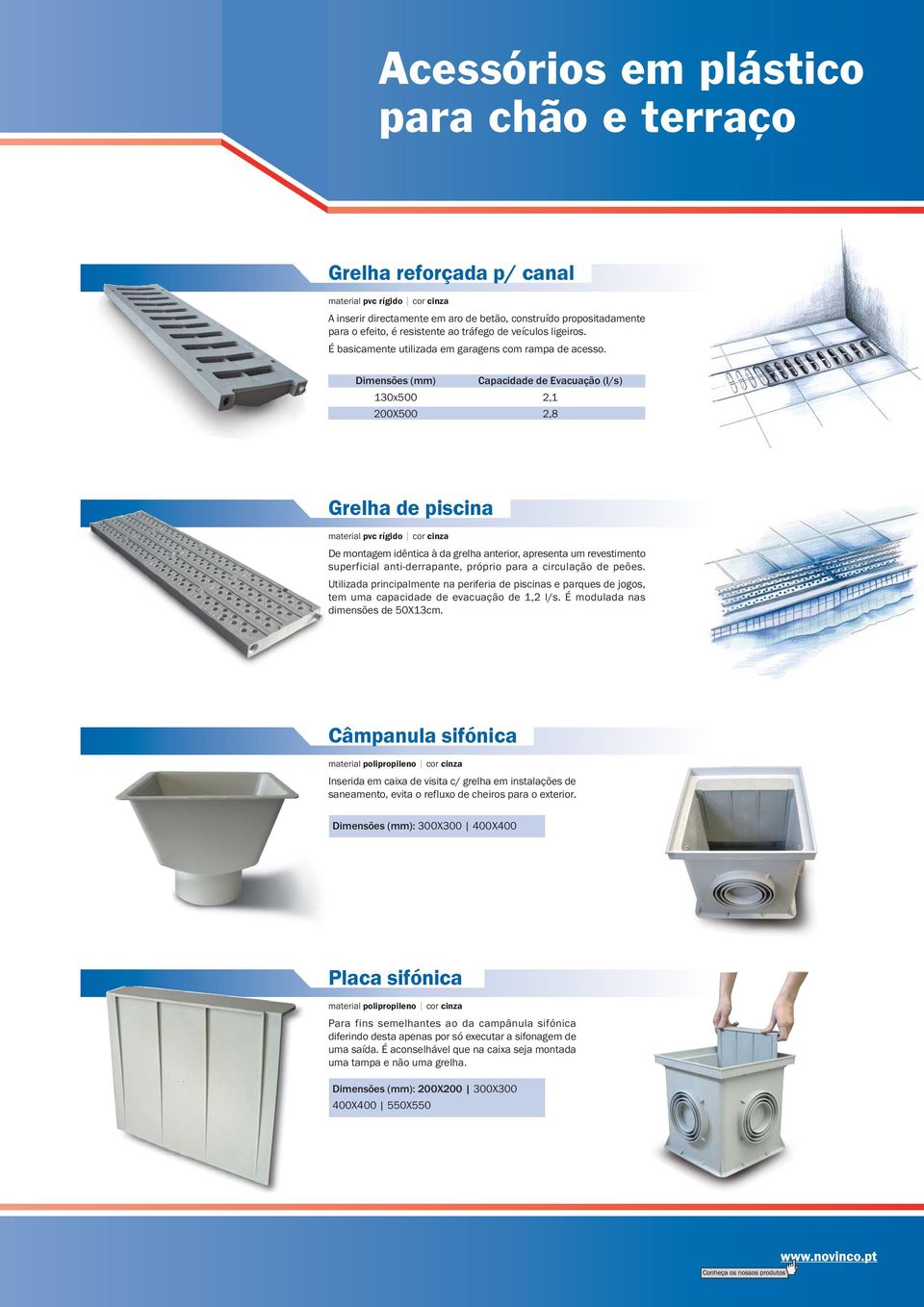 Dimensões x0 200X0 Capacidade de Evacuação (l/s) 2,1 2,8 Grelha de piscina De montagem idêntica à da grelha anterior, apresenta um revestimento superficial antiderrapante, próprio para a circulação