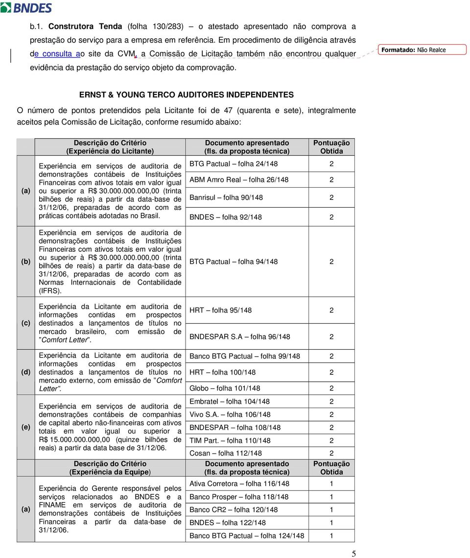 Formatado: Não Realce ERNST & YOUNG TERCO AUDITORES INDEPENDENTES O número de pontos pretendidos pela Licitante foi de 47 (quarenta e sete), integralmente aceitos pela Comissão de Licitação, conforme