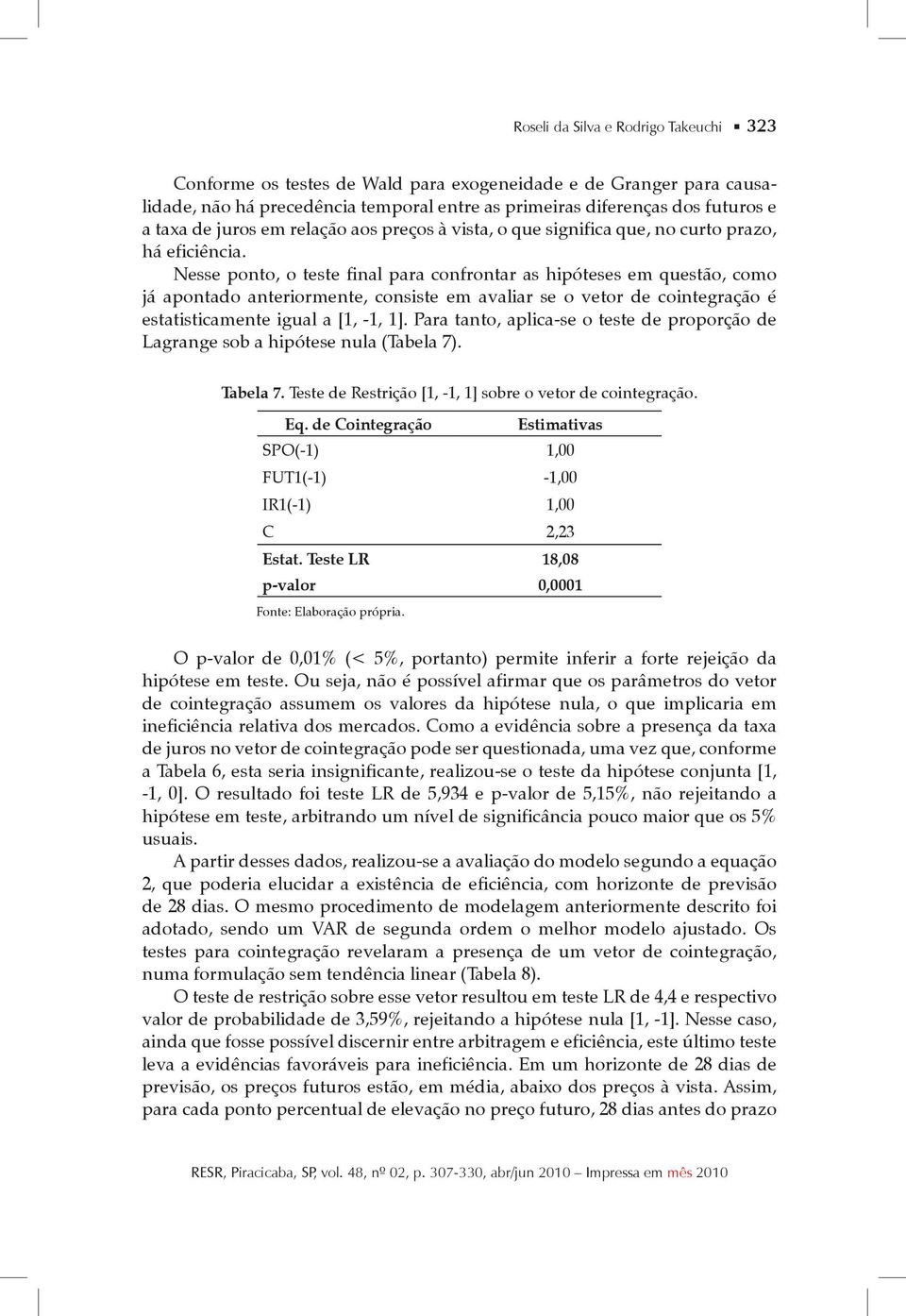 Nesse ponto, o teste final para confrontar as hipóteses em questão, como já apontado anteriormente, consiste em avaliar se o vetor de cointegração é estatisticamente igual a [1, -1, 1].