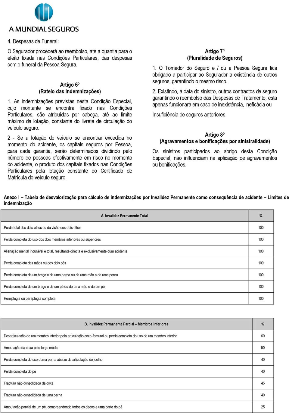 As indemnizações previstas nesta Condição Especial, cujo montante se encontra fixado nas Condições Particulares, são atribuídas por cabeça, até ao limite máximo da lotação, constante do livrete de