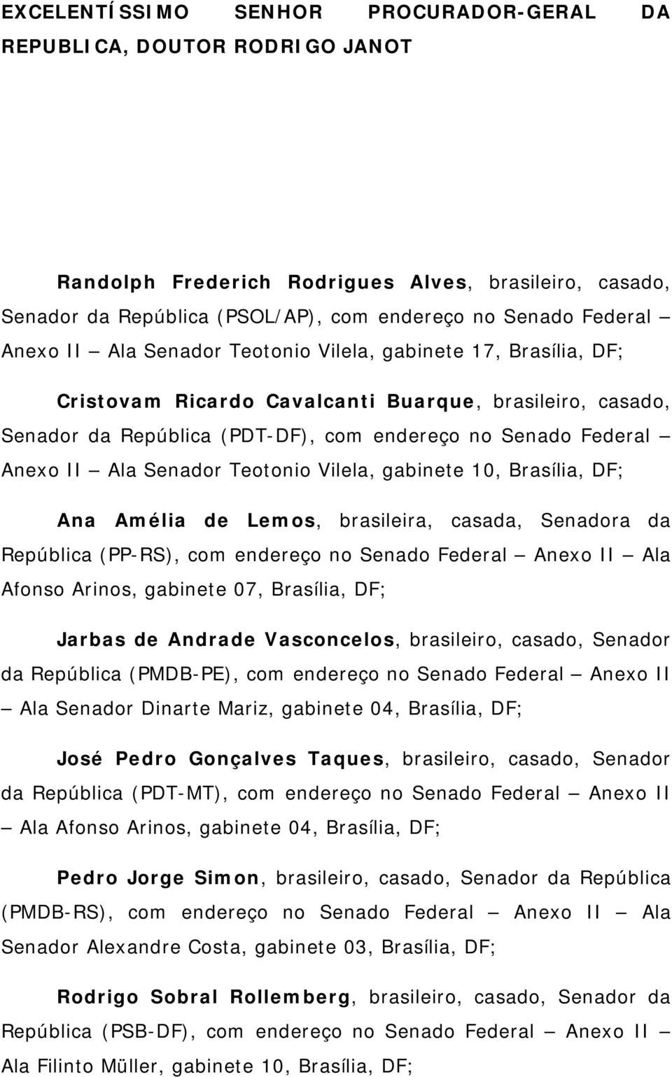 Teotonio Vilela, gabinete 10, Brasília, DF; Ana Amélia de Lemos, brasileira, casada, Senadora da República (PP-RS), com endereço no Senado Federal Anexo II Ala Afonso Arinos, gabinete 07, Brasília,