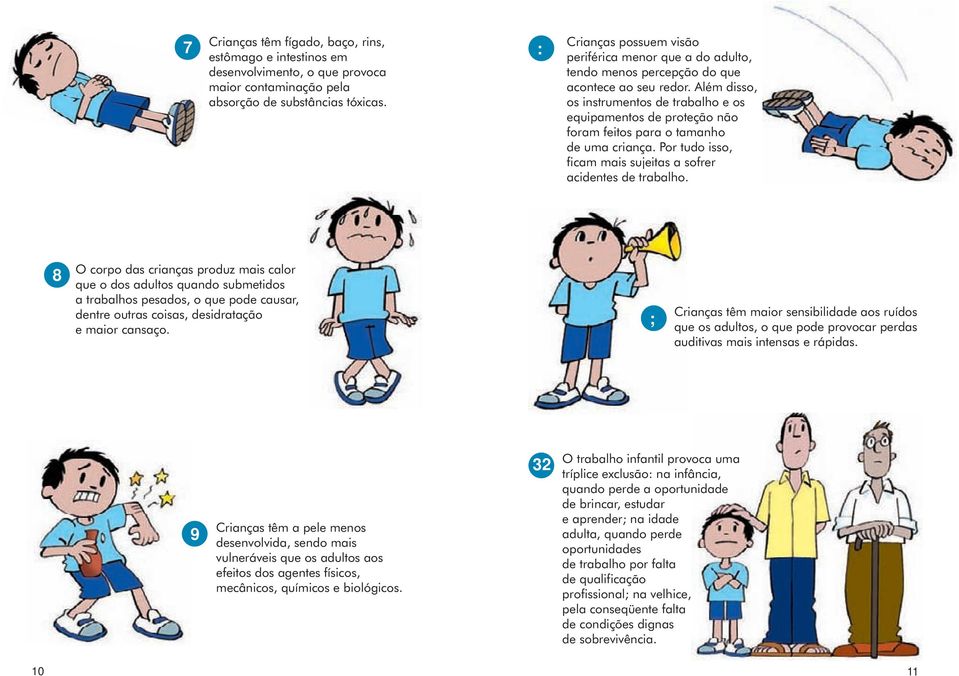 Além disso, os instrumentos de trabalho e os equipamentos de proteção não foram feitos para o tamanho de uma criança. Por tudo isso, ficam mais sujeitas a sofrer acidentes de trabalho.