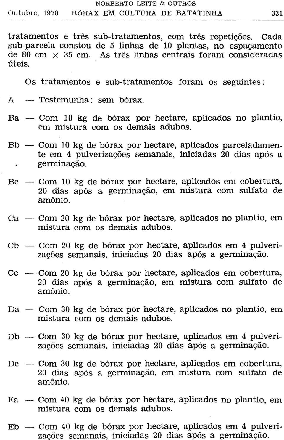 Bb Com 10 kg de bórax por hectare, aplicados parceladamente em 4 pulverizações semanais, iniciadas 20 dias após a germinação.