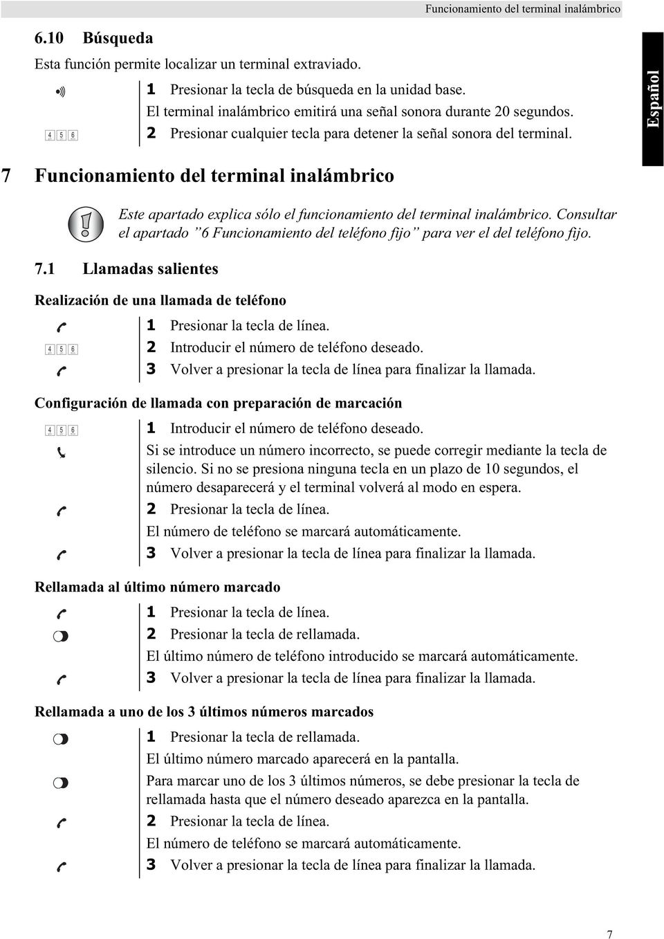 Español 7 Funcionamiento del terminal inalámbrico Este apartado explica sólo el funcionamiento del terminal inalámbrico.