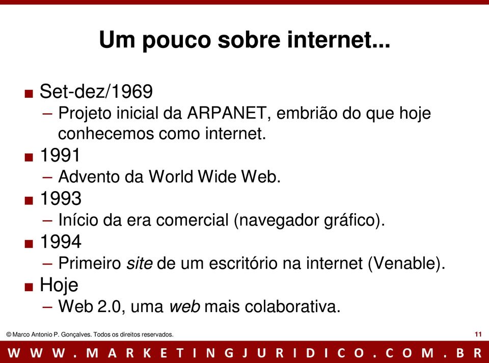 .1994 Primeiro site de um escritório na internet (Venable)..Hoje Um pouco sobre internet.