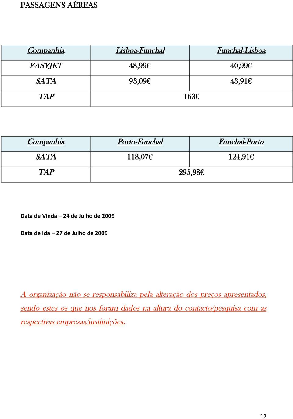 Data de Vinda 24 de Julho de 2009 Data de Ida 27 de Julho de 2009 A organização não se responsabiliza pela