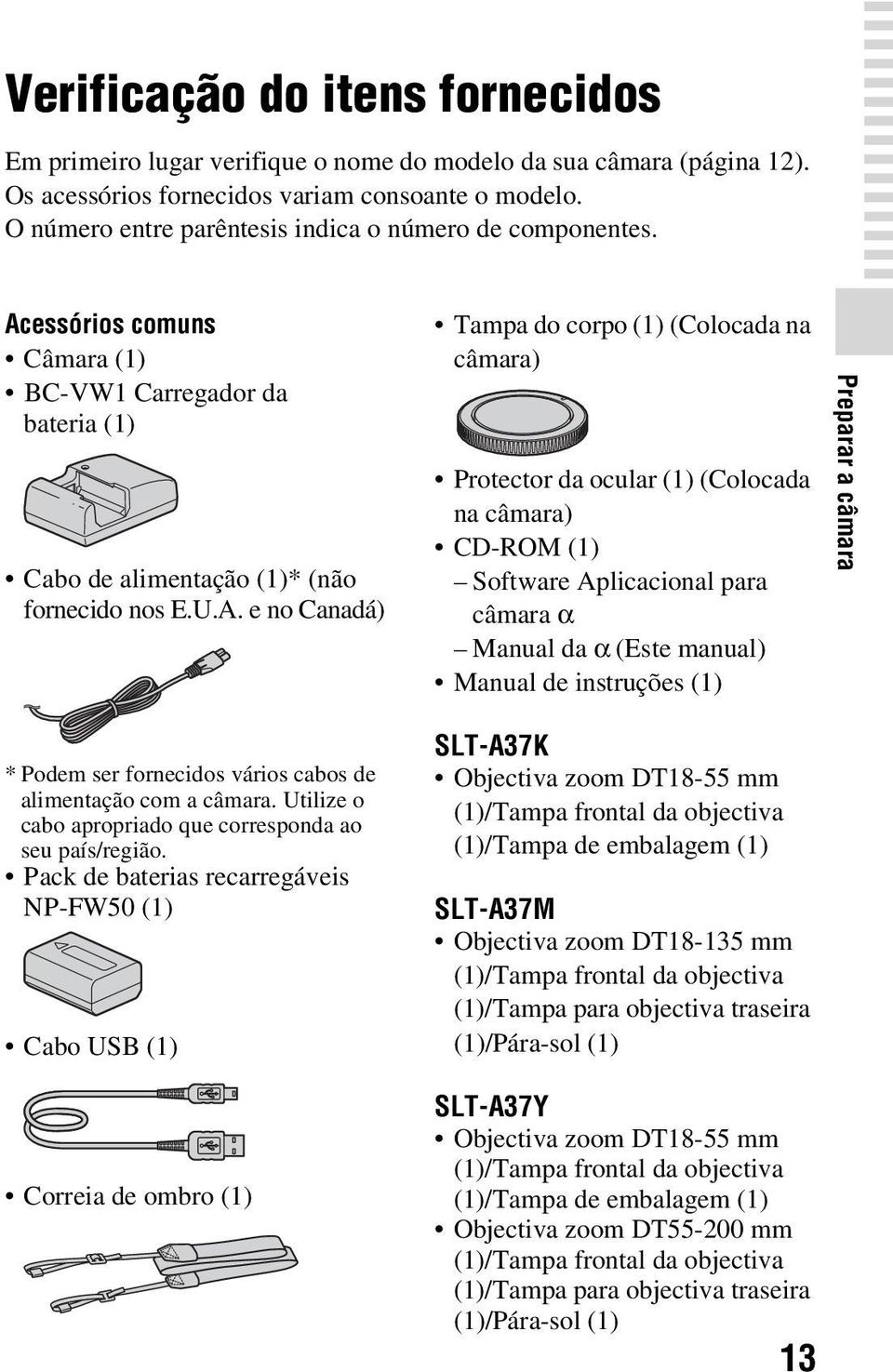 essórios comuns Câmara (1) BC-VW1 Carregador da bateria (1) Cabo de alimentação (1)* (não fornecido nos E.U.A.