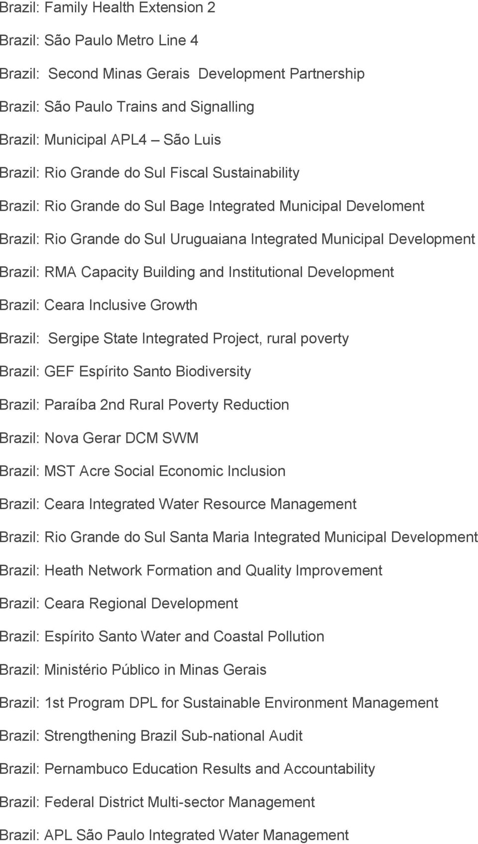 Building and Institutional Development Brazil: Ceara Inclusive Growth Brazil: Sergipe State Integrated Project, rural poverty Brazil: GEF Espírito Santo Biodiversity Brazil: Paraíba 2nd Rural Poverty