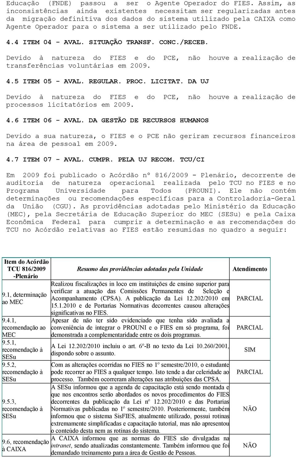 FNDE. 4.4 ITEM 04 - AVAL. SITUAÇÃO TRANSF. CONC./RECEB. Devido à natureza do FIES e do PCE, não houve a realização de transferências voluntárias em 2009. 4.5 ITEM 05 - AVAL. REGULAR. PROC. LICITAT.