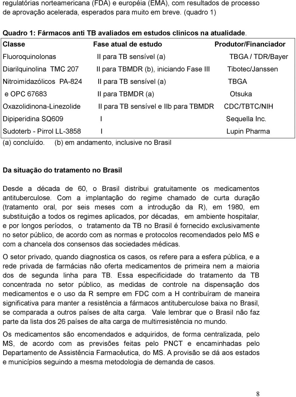 Classe Fase atual de estudo Produtor/Financiador Fluoroquinolonas II para TB sensível (a) TBGA / TDR/Bayer Diarilquinolina TMC 207 II para TBMDR (b), iniciando Fase III Tibotec/Janssen