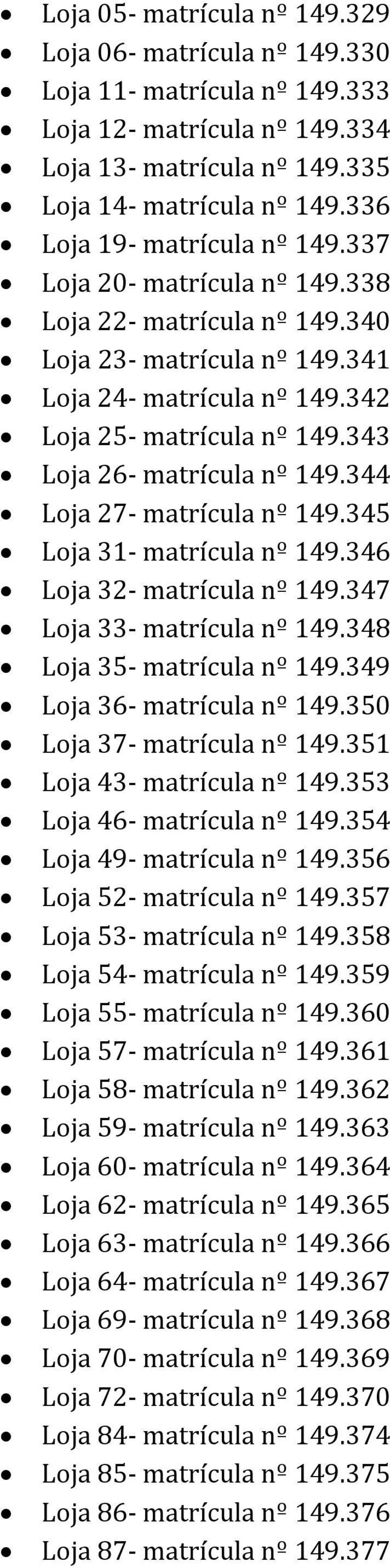 343 Loja 26- matrícula nº 149.344 Loja 27- matrícula nº 149.345 Loja 31- matrícula nº 149.346 Loja 32- matrícula nº 149.347 Loja 33- matrícula nº 149.348 Loja 35- matrícula nº 149.