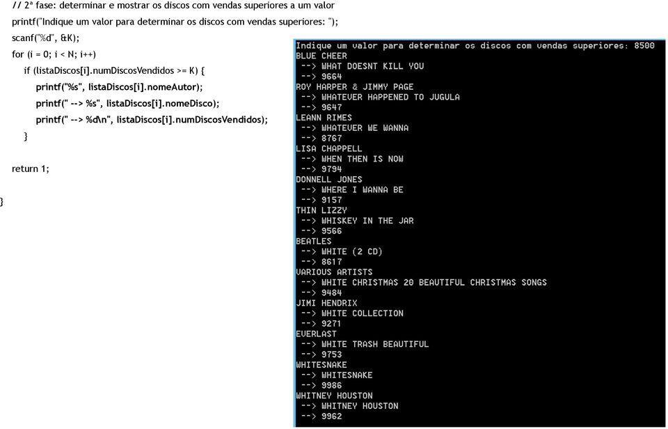 i++) if (listadiscos[i].numdiscosvendidos >= K) { printf("%s", listadiscos[i].