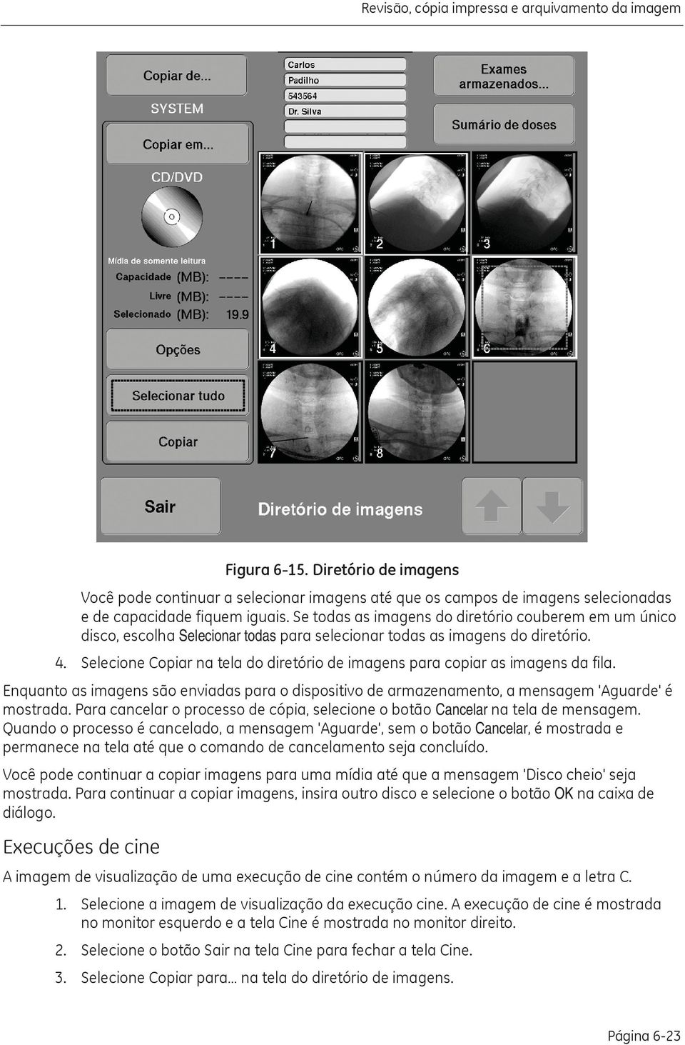 Selecione Copiar na tela do diretório de imagens para copiar as imagens da fila. Enquanto as imagens são enviadas para o dispositivo de armazenamento, a mensagem 'Aguarde' é mostrada.