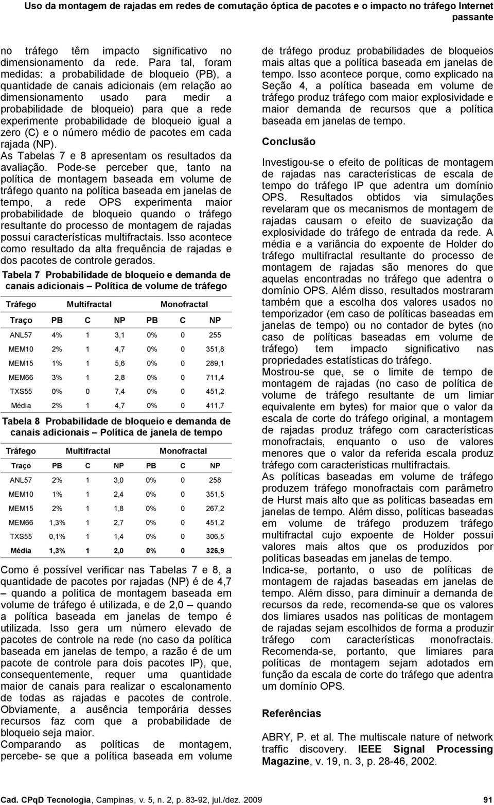 probabilidade de bloqueio igual a zero (C) e o número médio de pacotes em cada rajada (NP). As Tabelas 7 e 8 apresentam os resultados da avaliação.