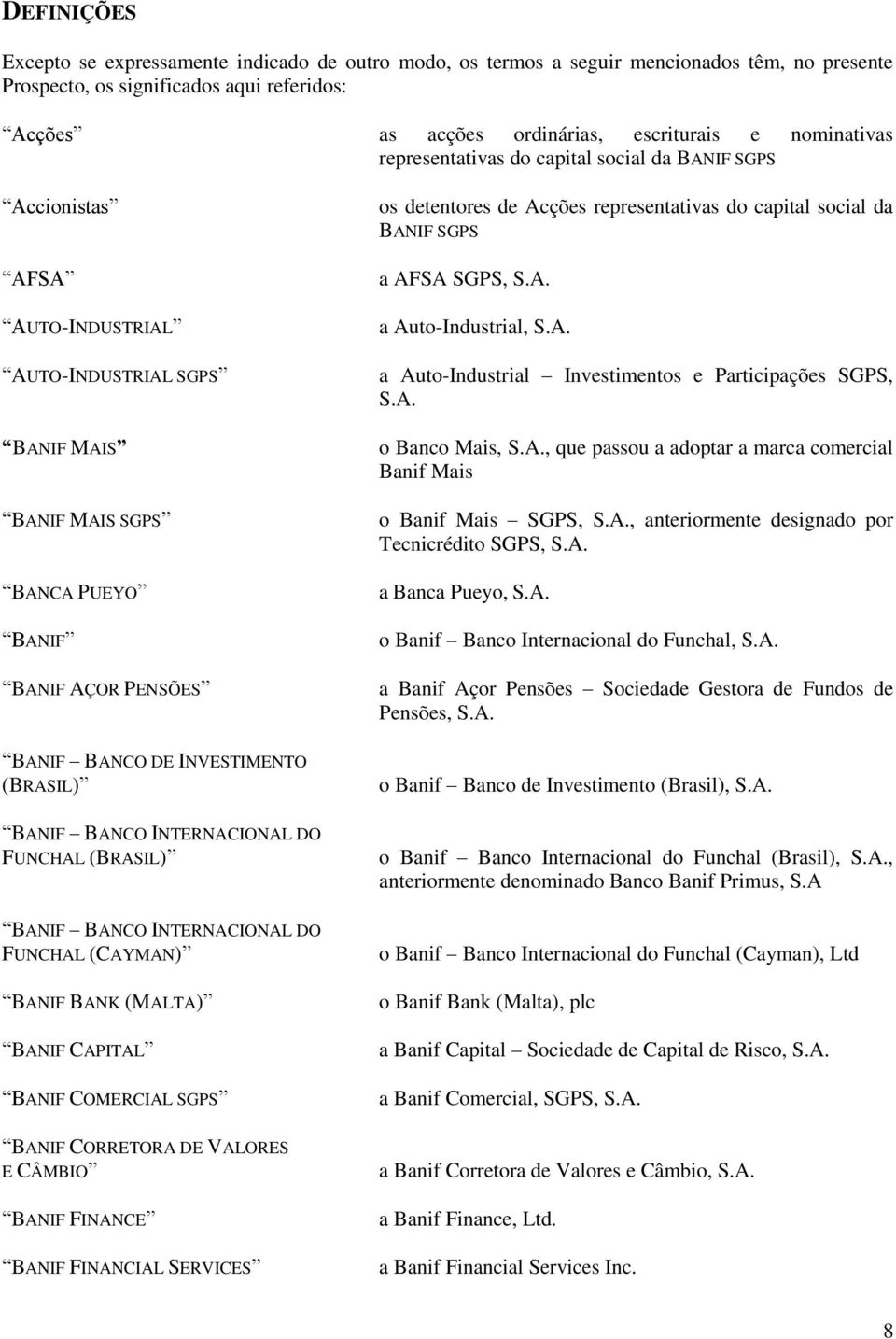 INVESTIMENTO (BRASIL) BANIF BANCO INTERNACIONAL DO FUNCHAL (BRASIL) BANIF BANCO INTERNACIONAL DO FUNCHAL (CAYMAN) BANIF BANK (MALTA) BANIF CAPITAL BANIF COMERCIAL SGPS BANIF CORRETORA DE VALORES E