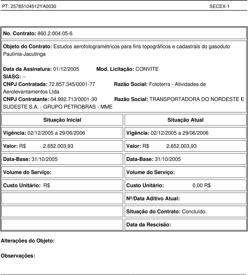 713/0001-30 Razão Social: TRANSPORTADORA DO NORDESTE E SUDESTE S.A. - GRUPO PETROBRAS - MME Situação Inicial Situação Atual Vigência: 02/12/2005 a 29/06/2006 Vigência: 02/12/2005 a 29/06/2006 Valor: R$ 2.