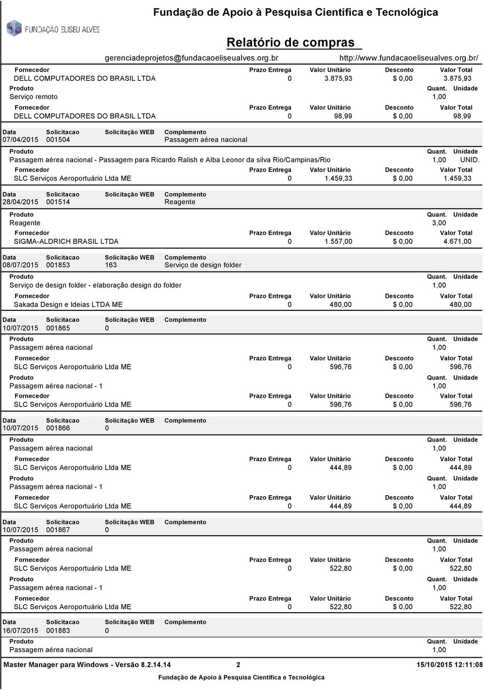 SLC Serviços Aeroportuário Ltda ME 1.459,33 $, 1.459,33 28/4/215 1514 Reagente Reagente 3, SIGMA-ALDRICH BRASIL LTDA 1.557, $, 4.
